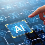 Automation of workflow with artificial intelligence AI. Intelligent process automation IA or robotic process automation RPA technology. Businessman touching AI icon on flowchart. AI Strategy